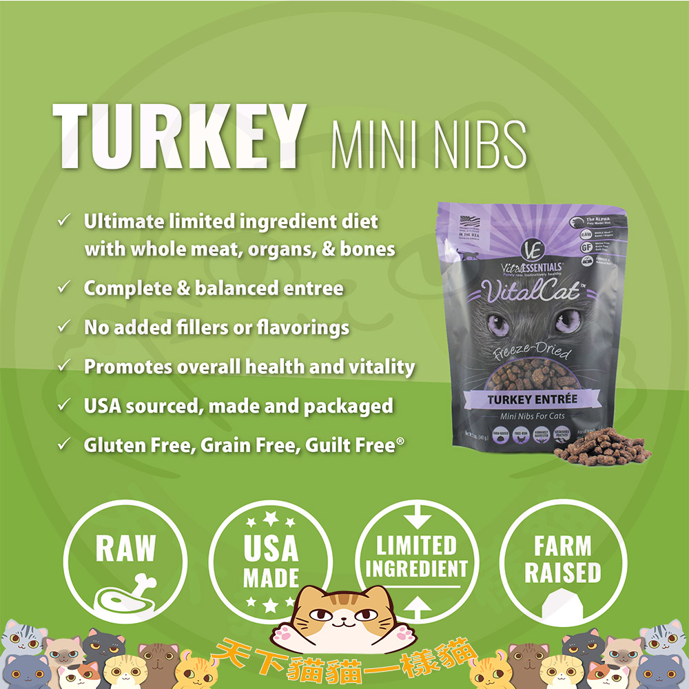 Vital Essentials Freeze-Dried Turkey Mini Nibblets 凍乾幼嫩鮮味火雞肉粒 12oz {原裝行貨}