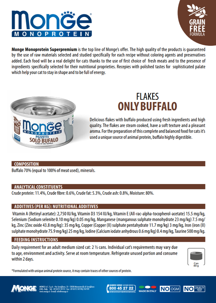 Monge Monoprotein 頂級單一蛋白系列 Flakes only Buffalo[[Solo Bufalo] 無穀物水牛肉主食罐 80g (金啡)