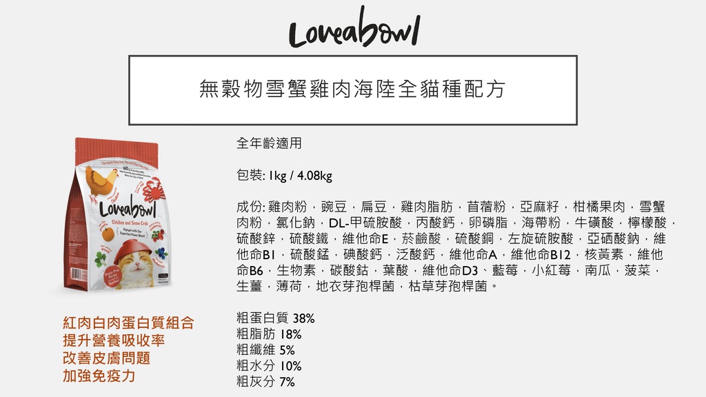 [斷貨中, 延至8月頭才可能有, 下單預訂等貨到] Loveabowl Cat 無穀物雪蟹雞肉海陸 全貓種配方 Chicken & Snow Crab 1kg