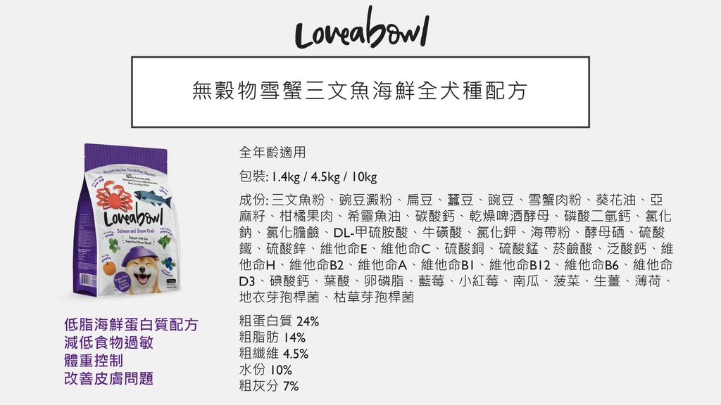 Loveabowl Dog 無穀物雪蟹三文魚海鮮 全犬種配方 4.5kg(訂貨需時5-7天)