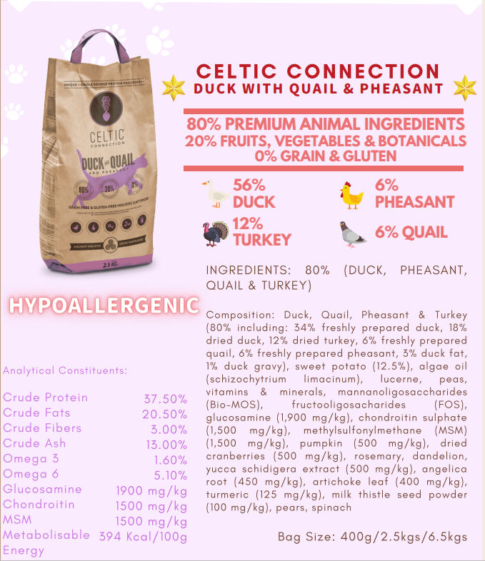 Celtic Connection [紫乾糧400g] Duck with Quail & Pheasant 鴨肉/鵪鶉/野雞 無穀防敏感全貓糧 400G