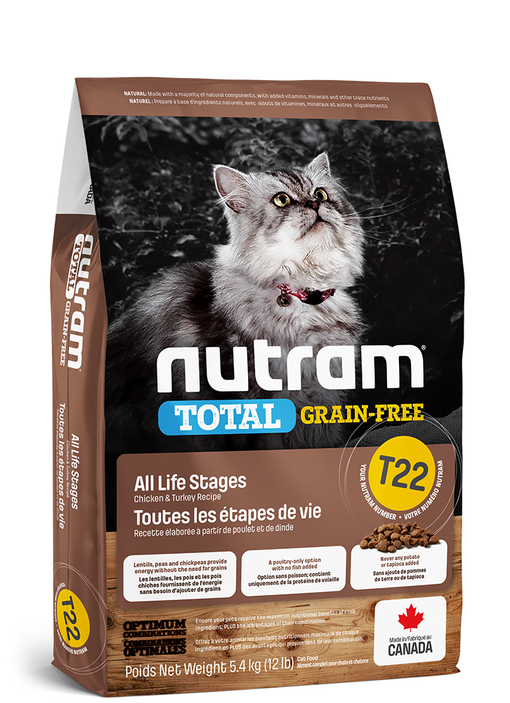 [斷貨中, 10月中可能有, 可預訂等貨到] Nutram 加拿大紐頓  [Total - T22] Grain-Free Chicken and Turkey Recipe 5.4KG 雞＋火雞無榖物全貓配方