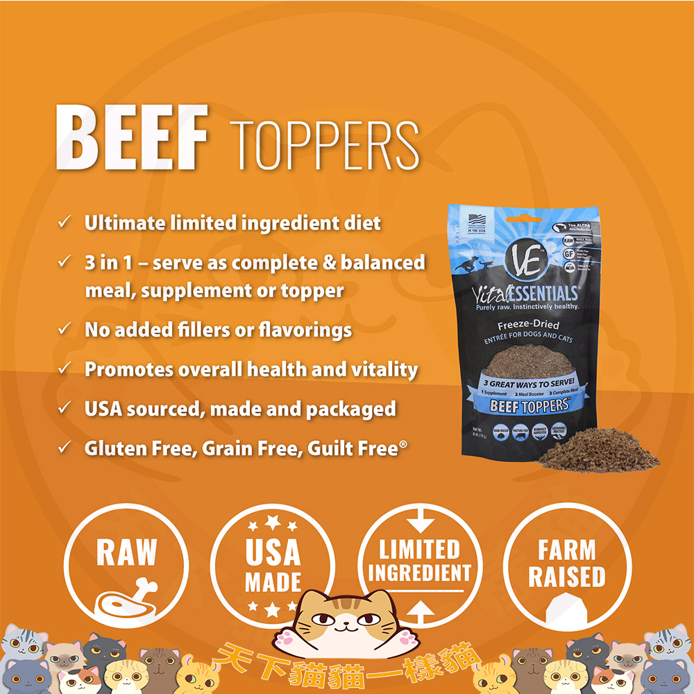 Vital Essentials Pure Raw Toppers, Beef 170G 鮮牛營養肉 {原裝行貨}