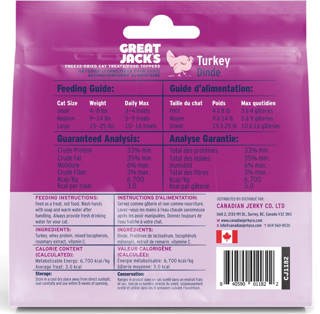 加拿大 Great Jack's 冷凍脫水火雞肉小食(貓) {Turkey} Freeze-Dried Grain-Free Cat Treats 大包 85g