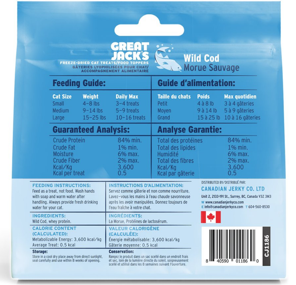 加拿大 Great Jack's 冷凍脫水野生鱈魚小食(貓) {Cod} Freeze-Dried Grain-Free Cat Treats 大包85g (Expiry Date: 24/11/2022)