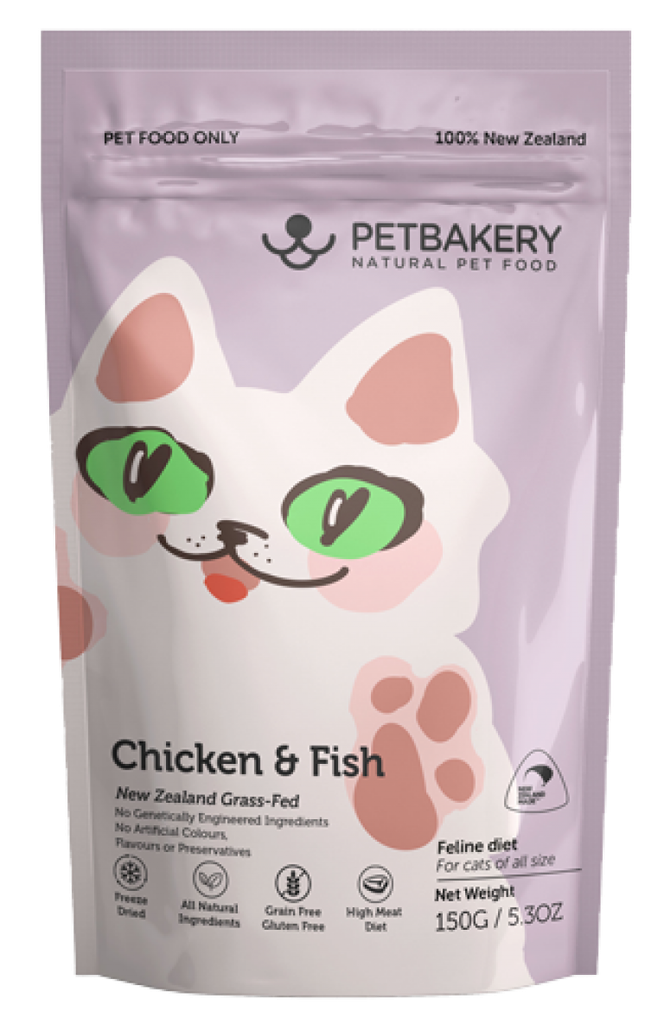 Petbakery 新西蘭脫水凍乾貓糧 Freeze-Dried New Zealand Cage-Free CHICKEN & FISH Cat Food 150g 新西蘭無籠雞＋深海魚輕膳 150克