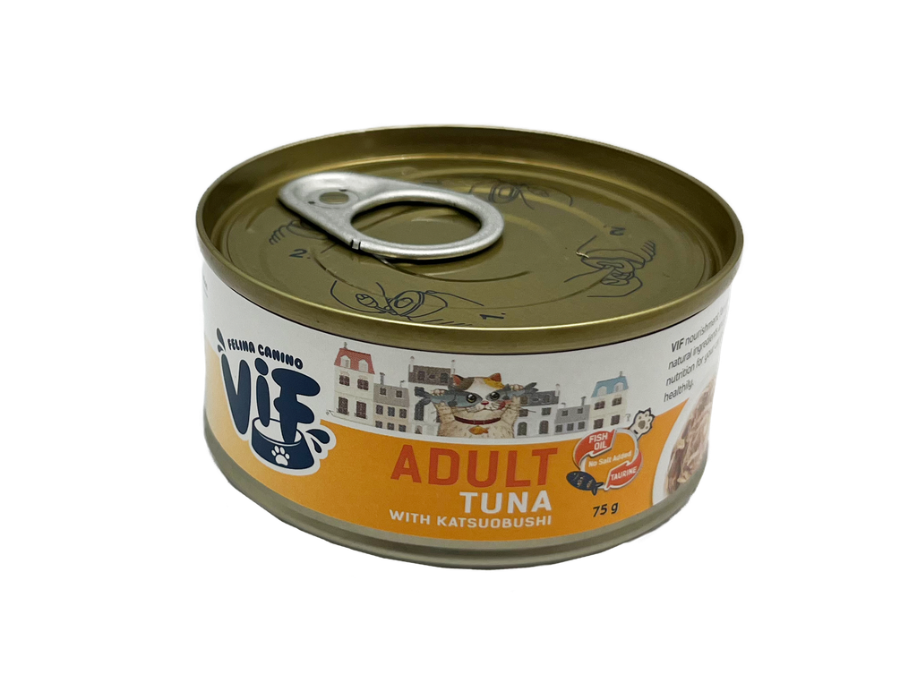 Felina Canino VIF Adult Tuna with Katsuobushi in Gravy 75g 吞拿魚+鰹魚成貓配方鮮味貓罐頭 75克 (無卡拉膠)